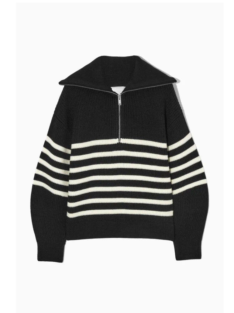 Veyra Striped Lapel Turtleneck Jumper