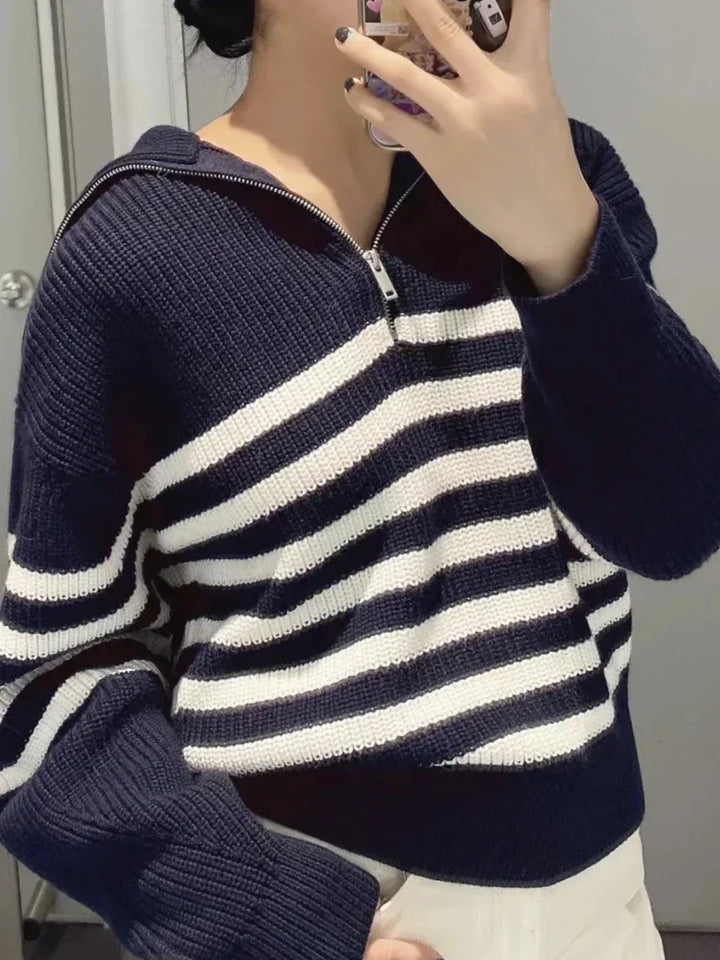 Veyra Striped Lapel Turtleneck Jumper